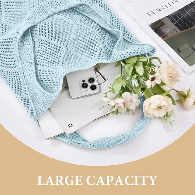 Thumbnail 6 de Aucuu sac fourre-tout femme en crochet ajouré, grand cabas en tricot pour le shopping et le quotidien