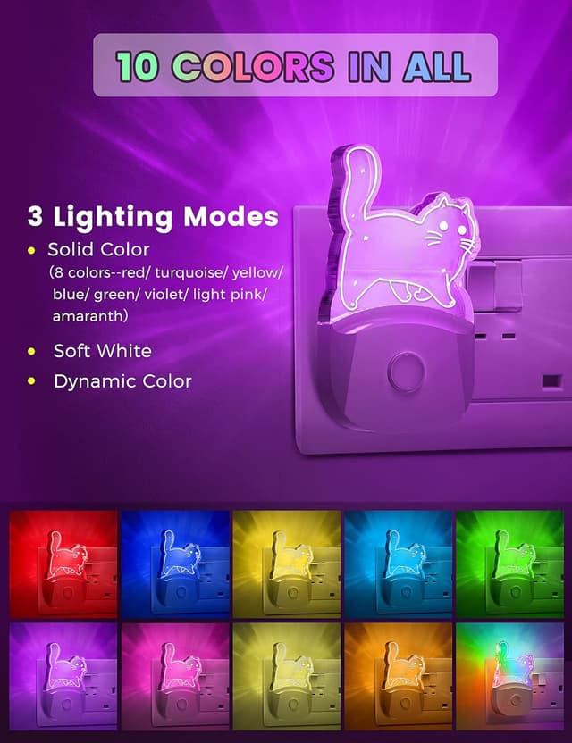 Detalle de Emeritpro Night Light Plug-in Wall (Pretty Cat) – 8-Colour RGB + Dusk to Dawn Sensor, 2 Pack