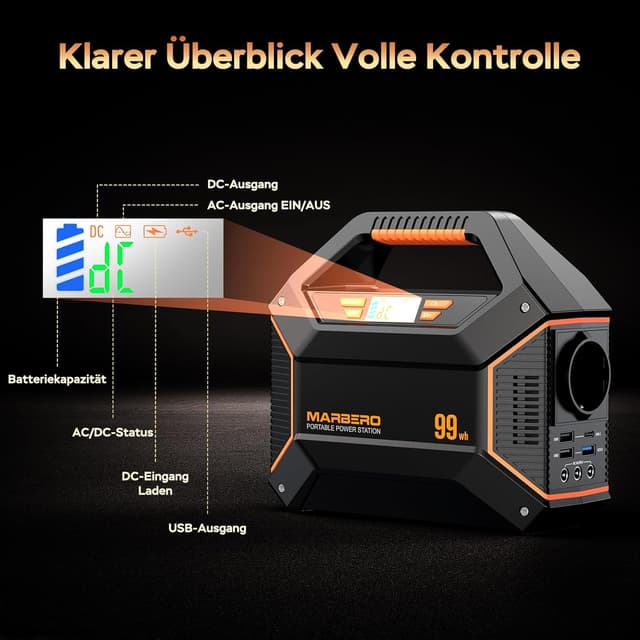 Detalle de MARBERO Tragbare Powerstation mit 230V Steckdose (99 Wh / 27.000 mAh), 150W AC, USB & DC sowie LED-SOS-Notlicht