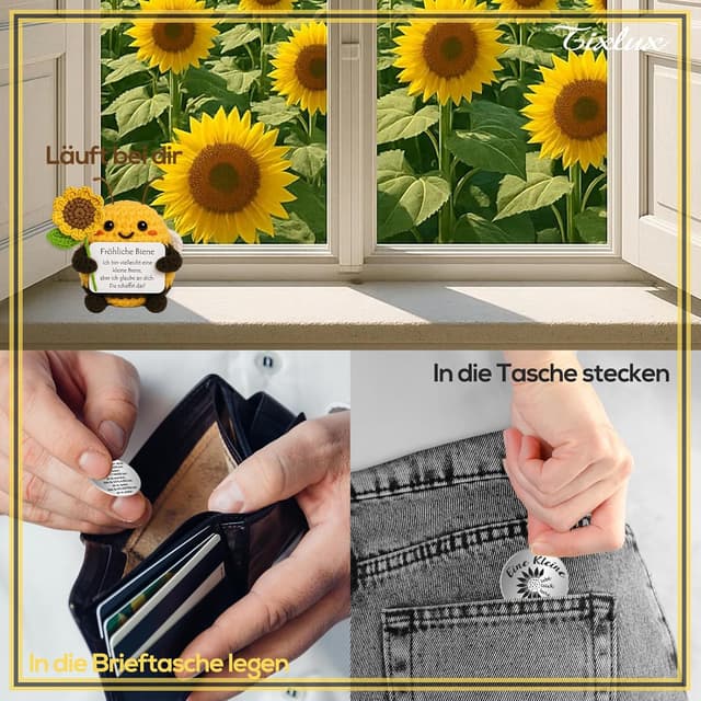 Detalle 2 de Tixlux Pocket Hug Fröhliche Biene mit Sonnenblumenstrauß – Strick-Dekofigur & Umarmungs-Glücksbringer