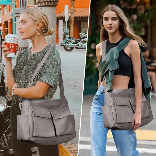 Detalle de KALIDI Canvas Hobo Bag for Women with Zipper – Large Capacity Shoulder Tote