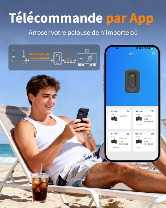 Detalle de Diivoo Programmateur d’arrosage WiFi 4 voies avec entrée laiton et commande vocale (Alexa/Google Assistant)
