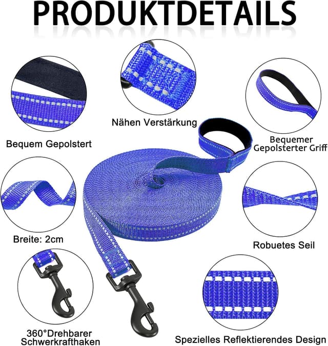 Detalle 2 de Demigreat Schleppleine für Hunde mit Reflexstreifen und gepolstertem Griff (3 m, 5 m, 10 m, 15 m, 20 m)