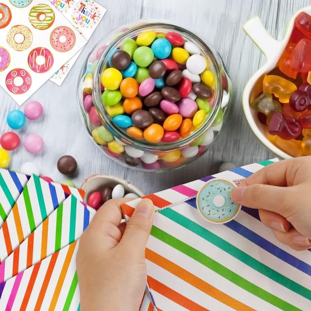 Detalle de Flintronic 18er Papiertüten-Set für Kindergeburtstage mit Aufklebern (24 × 13 × 8 cm) – Candy-Tüten für Mitgebsel