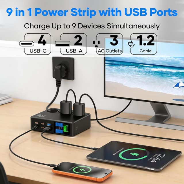 Detalle 2 de CKCN Multiprise avec 6 ports USB-C/USB (90W) et écran LED 1,2 m