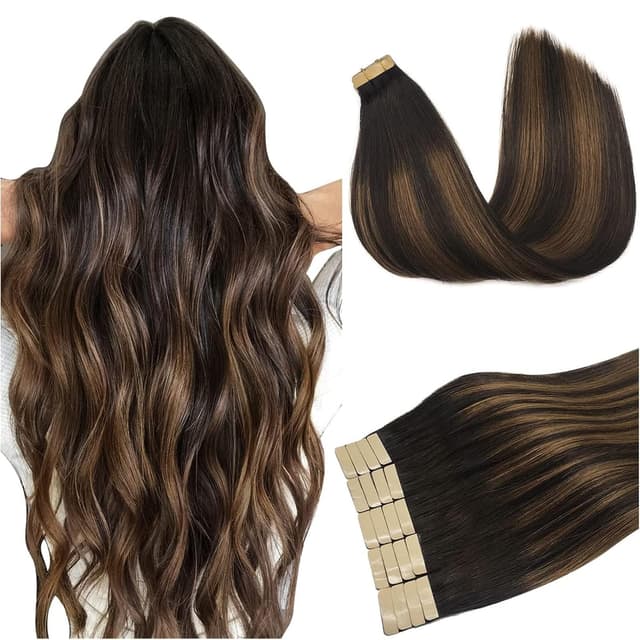 Detalle de DOORES Tape-In Human Hair Extensions (Remy) — Balayage Dark Brown to Chestnut Brown, Straight, 18 inch, 50g/20 pcs