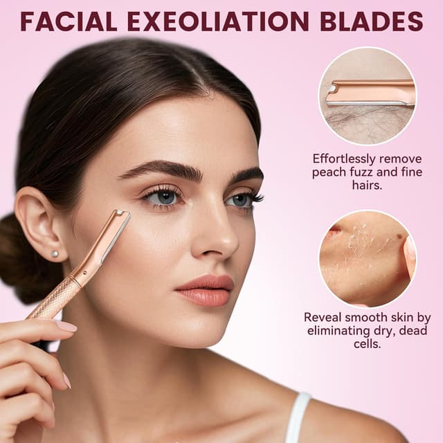 Detalle de Rose Gold Eyebrow & Face Dermaplaning Razor with 12 Refill Blades (Women’s Facial Hair Remover)