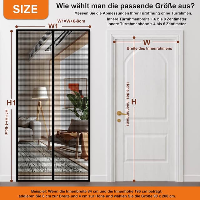 Detalle 2 de DIKER Fliegengitter Balkontür Magnet (90x210 cm) – flammhemmendes Insektenschutz-Gitter ohne Bohren, schwarz