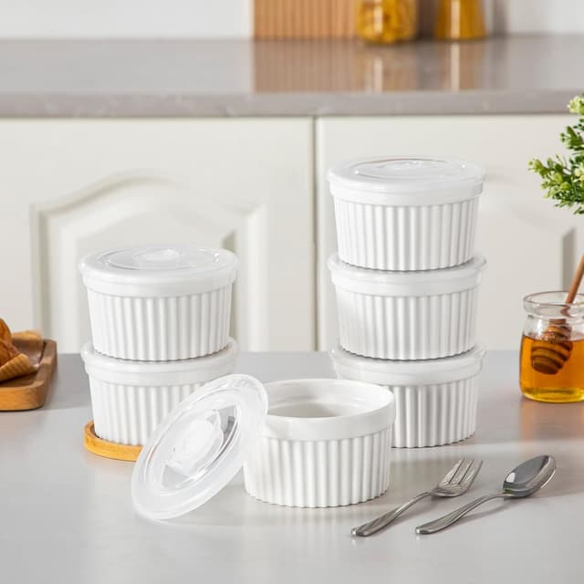 Detalle 2 de vancasso 10 oz Ramekins with Lid (Set of 6) — Porcelain Crème Brûlée, Soufflé & Custard Cups, Oven & Dishwasher Safe