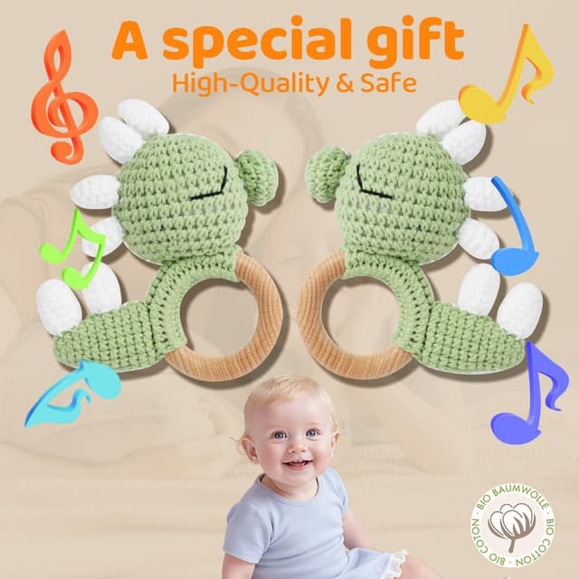 Detalle de Vicloon Wooden Baby Rattle (Dinosaur) – Beech wood ring & crochet sensory toy for 0–12 months