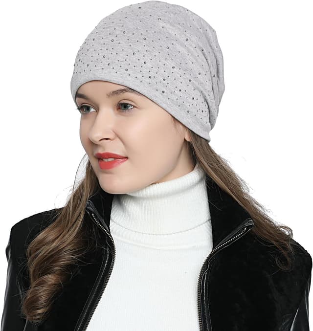 Detalle de Bonnet d’hiver femme DonDon Slouch gris clair avec strass et doublure moelleuse