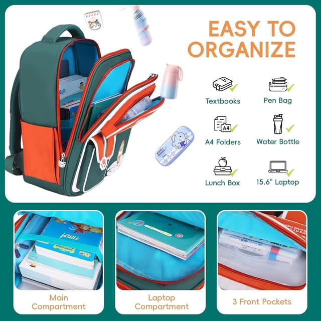 Detalle de Amythe zaino scuola ergonomico bambino 6-12 anni impermeabile 26L, verde