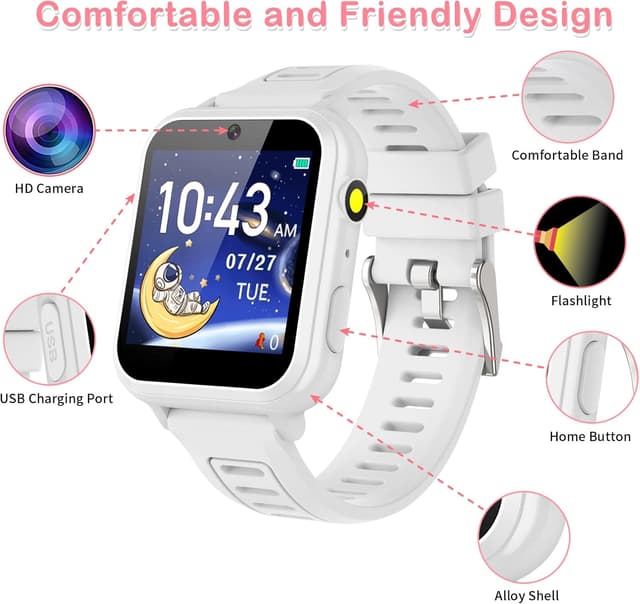 Detalle 2 de Phyulls Kids Smart Watch Gift for Girls (Age 4–12) with HD Touch Screen, Camera, 39 Games & Pedometer