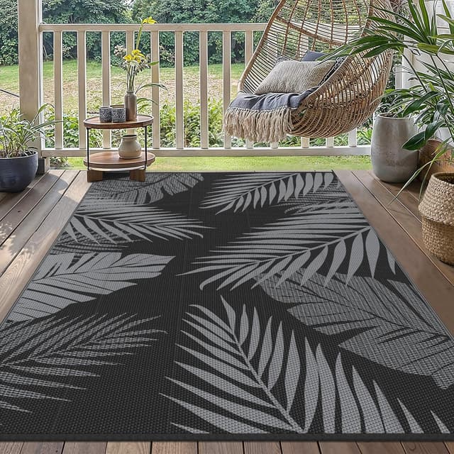Detalle 2 de GENIMO Outdoor-Teppich Wetterfest 240 x 300 cm (Schwarz/Grau) – Balkon- und Terrassen-Teppich mit botanischem Blattmuster