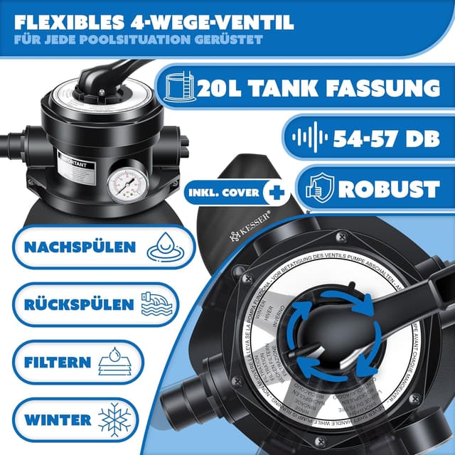 Detalle de KESSER® Sandfilteranlage Sandfilteranlage+ (bis zu 20 kg Sand) mit 4-Wege-Ventil, 800 g Filterbälle – für Pools bis 10 m³/h