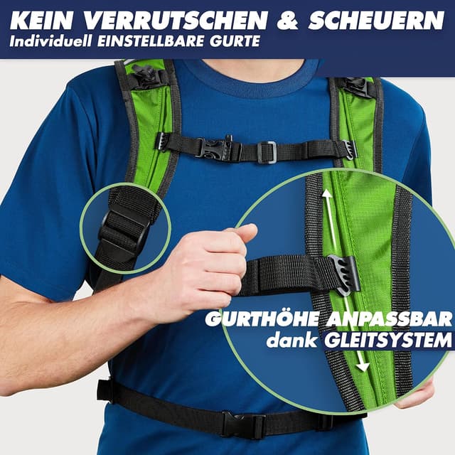 Detalle de SASMO® Trinkrucksack (Grün) mit Thermofach – ultraleichter Laufrucksack mit Trinkblase 2 l, Reflektoren & wasserdichtem Nylon