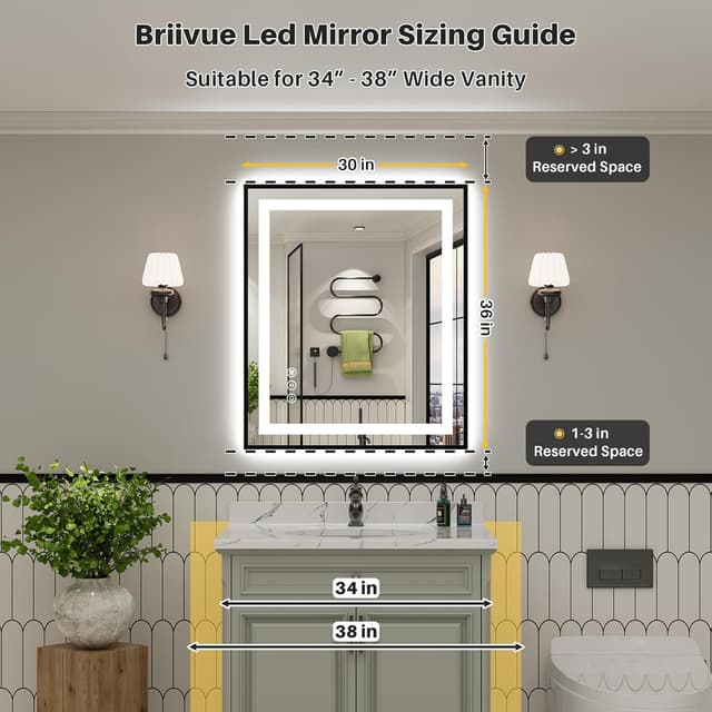 Detalle 2 de Briivue 36x30 Inch LED Bathroom Mirror with Black Frame (Dual Front Light + Backlit, Anti-Fog, Dimmable)