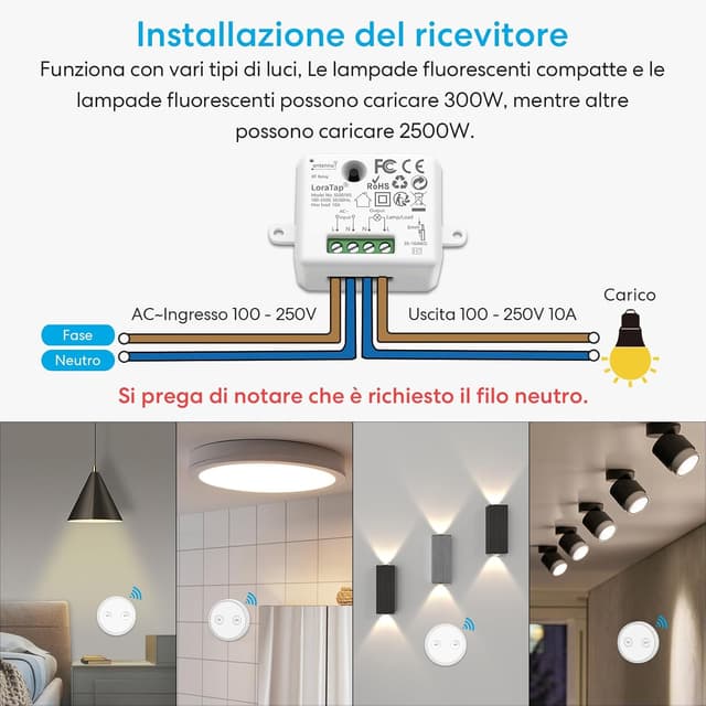 Detalle de LoraTap Paio interruttori senza fili con base magnetica e telecomando (3 pezzi) con ricevitore a relè 2500W