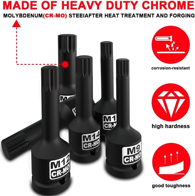 Detalle de KIRXST 1/2 Inch Impact XZN Triple Square Bit Socket Set (M5–M18) – 10 Piece