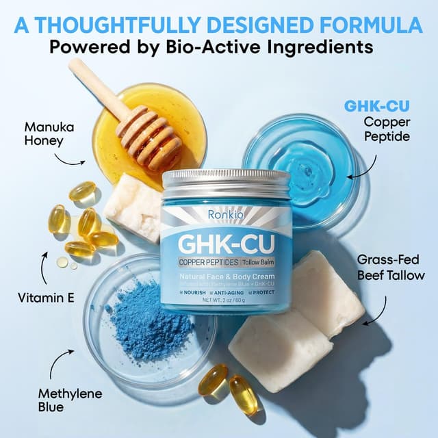 Detalle de RONKIE GHK-Cu Peptide Cream for Face with Blue Beef Tallow Moisturizer, Copper Peptides & Methylene Blue (2oz)