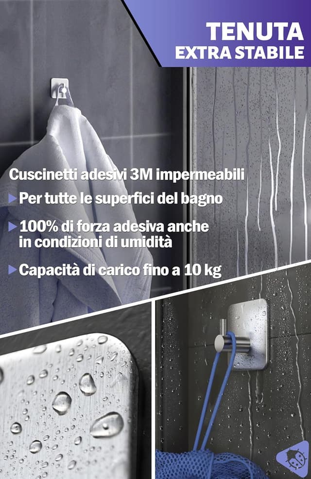 Detalle de Menz Ganci Adesivi Bagno – Set da 4 ganci in acciaio inox V2A, per asciugamani e accappatoi senza forare, argento