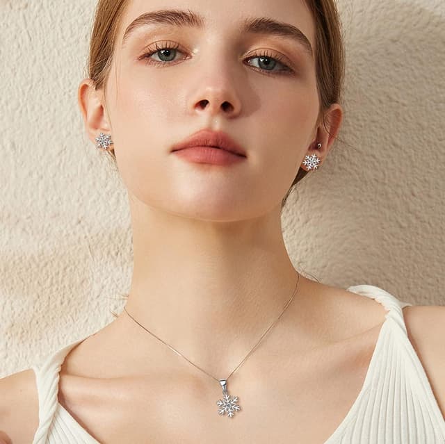 Detalle de Cangall Silber Weihnachten Schmuckset Damen (925 Sterling Silber): Schneeflocke Kette & Ohrstecker-Set