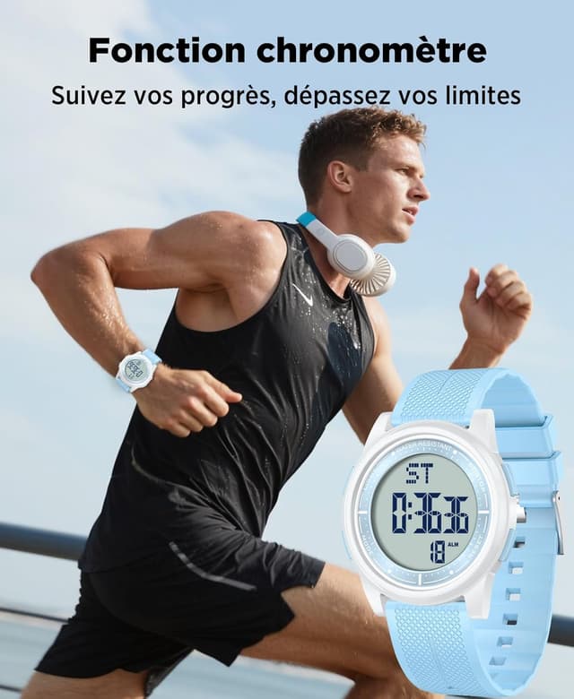 Detalle de WIFORT Montre digitale étanche pour homme et femme, chronomètre, compte à rebours et alarme