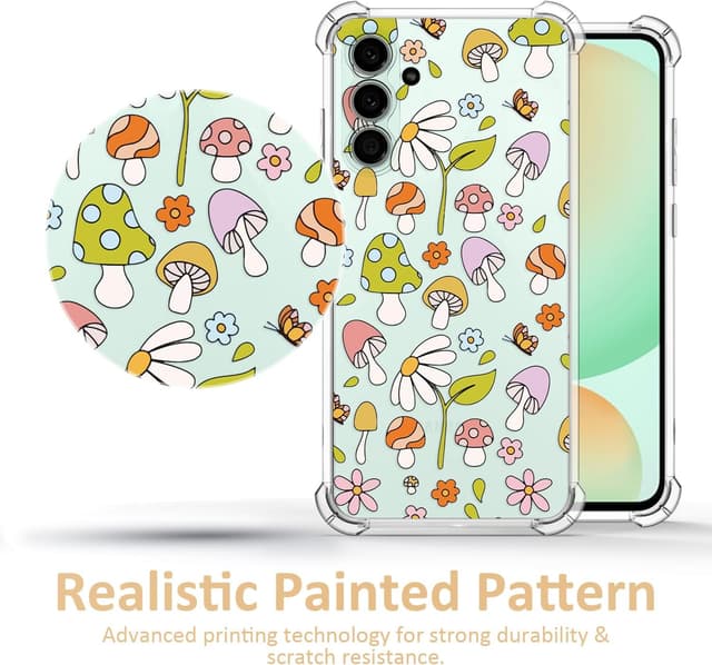 Detalle de CAROKI Clear Case for Samsung S24 FE – shockproof transparent TPU bumper cover with mushroom pattern