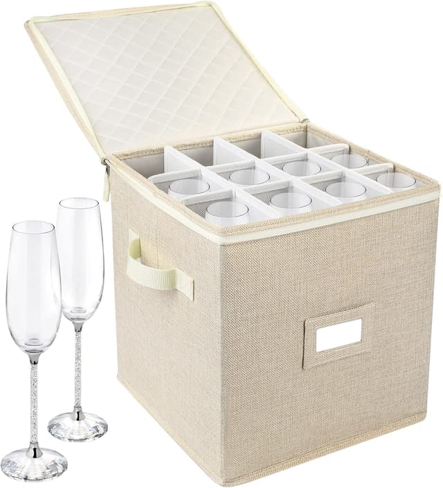 Detalle de LotFancy Champagne Flute Storage Container (12in Tall) — Quilted Hard Shell, Stackable Case with Dividers & Handles