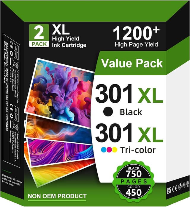 Detalle de 301XL Ink Cartridges High Yield Replacement for HP 301 (Black & Colour) — for HP Envy, DeskJet & OfficeJet models
