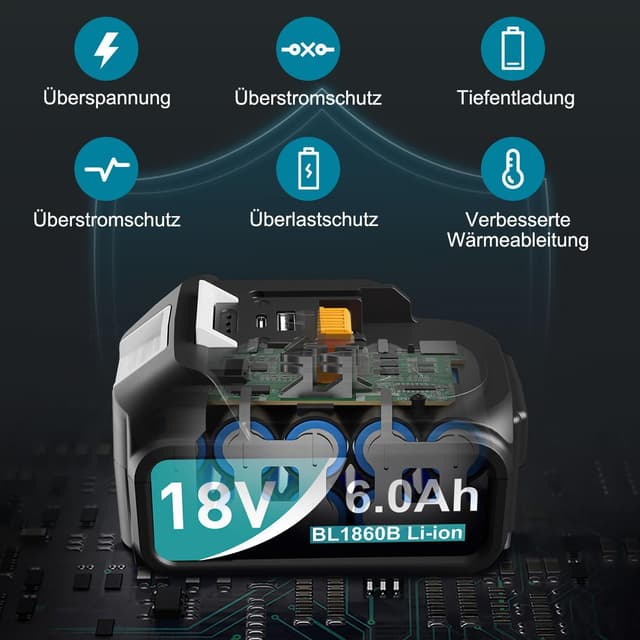 Detalle de 2er Pack 6,0 Ah Ersatzakkus für Makita 18V (BL1860/BL1850/BL1830 & LXT 400) mit LED und USB-Ausgang