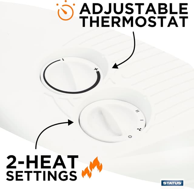 Detalle de STATUS Flat Fan Heater 3000W (3 kW) Portable Indoor Radiator, White, 2 Heat Settings & Thermostat Control