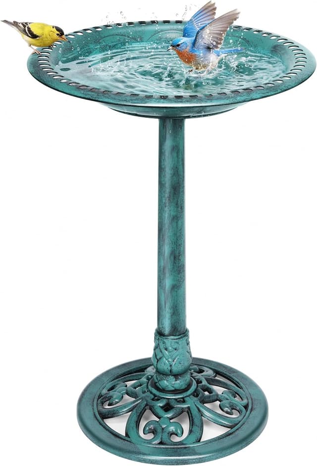 Detalle de VIVOHOME Garden Birdbath (71x50x50cm) in green with polyresin effect & 3 ground stakes