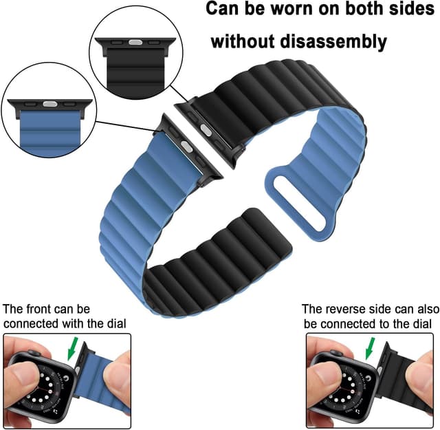 Detalle de Anlinser reversible magnetic Apple Watch strap for 38/40/41/42/44/45/46/49mm (Black/Blue) with adjustable loop