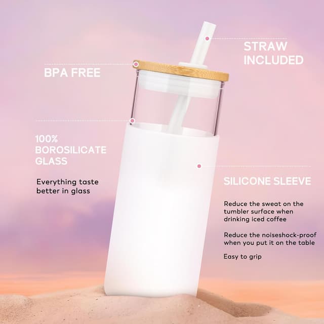 Detalle 2 de Tronco 20 oz Glass Tumbler with Lid and Straw (2-Pack) — High Borosilicate Glass Cups, Bamboo Lids & Silicone Sleeve