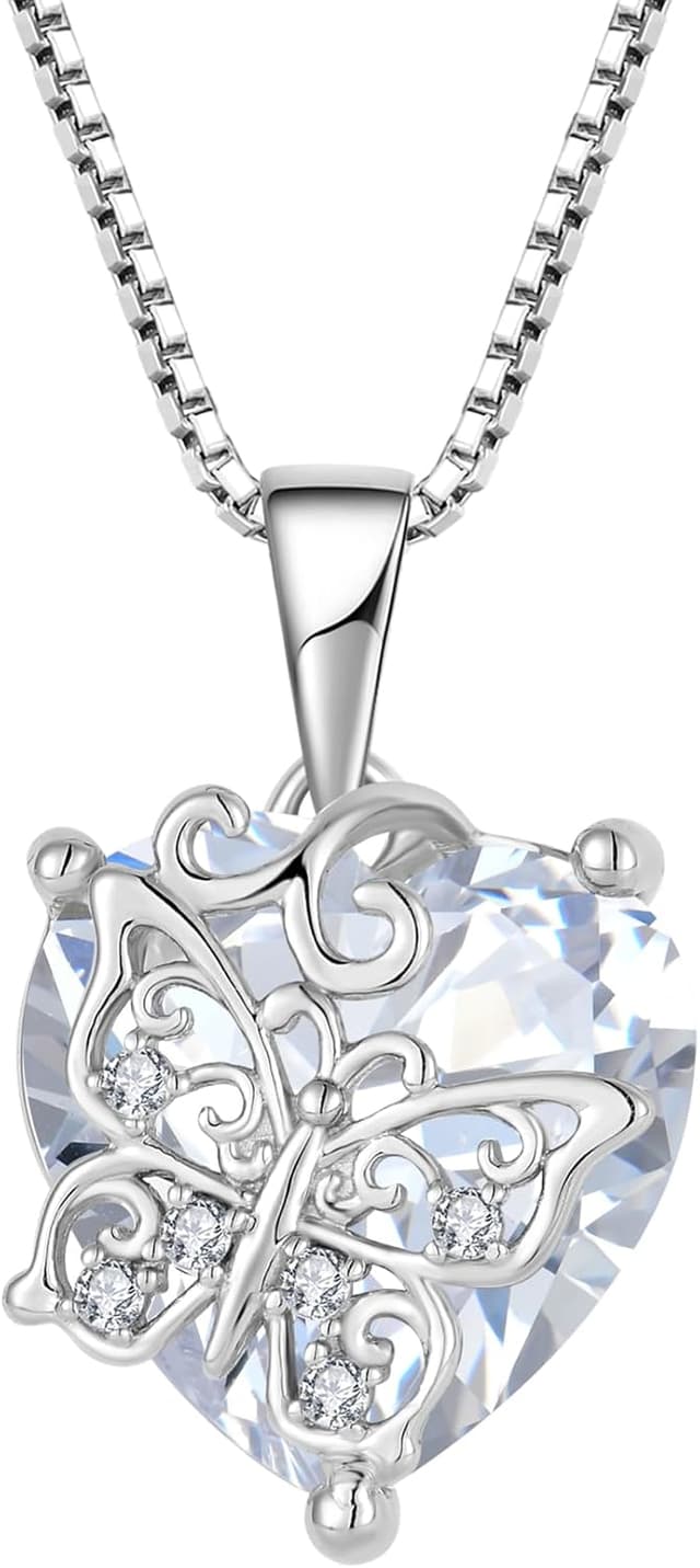 Detalle de FJ Herz-Schmetterling-Kette mit 925 Sterling Silber und Geburtsstein – Anhänger-Schmuck für Damen
