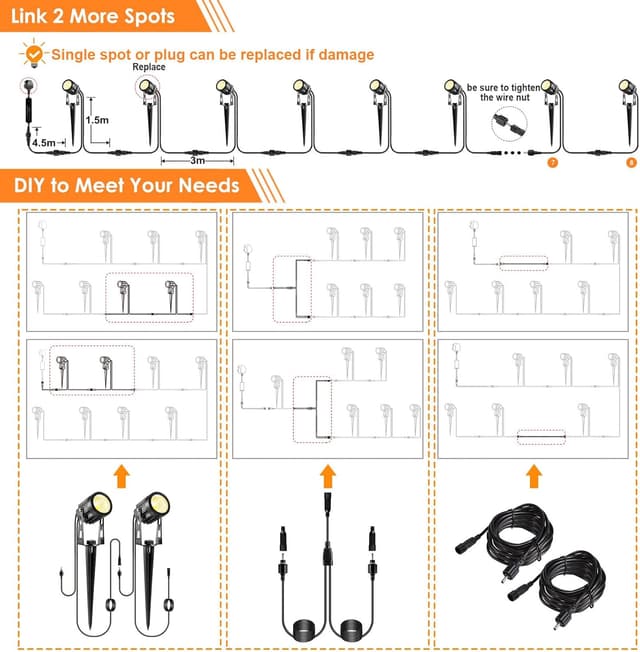 Detalle de ECOWHO Garden Lights mains extendable outdoor LED spike uplighters (21m lead) – warm white, linkable up to 8 spots