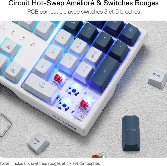 Detalle de Redragon K668 clavier gaming mécanique filaire AZERTY 105+4, RGB et interrupteurs rouges remplaçables à chaud