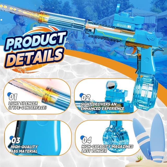 Detalle de UROINT Elektrische Wasserpistole für Kinder „Desert Eagle“ (blau) – mit großem Wassertank, LED-Licht und Reichweite bis zu 10 Metern