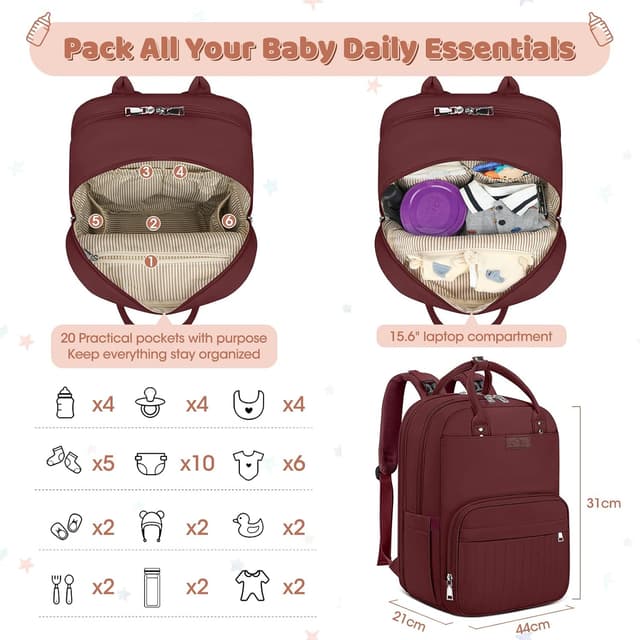 Detalle de Red Baby Changing Bag Backpack with Portable Changing Mat & Waterproof Nappy Laundry Bag