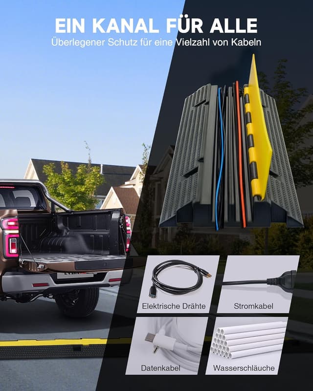 Detalle de CREWORKS Boden-Kabelbrücke Set (3 Stück) mit 2 Kabelkanälen für den Außeneinsatz – Kabelschutz für Parkplätze & Lager
