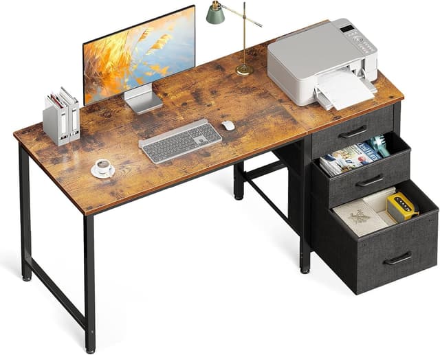 Detalle de Coleshome Computer Desk with Drawers (120×48cm) – Vintage Brown, reversible storage and wide legroom