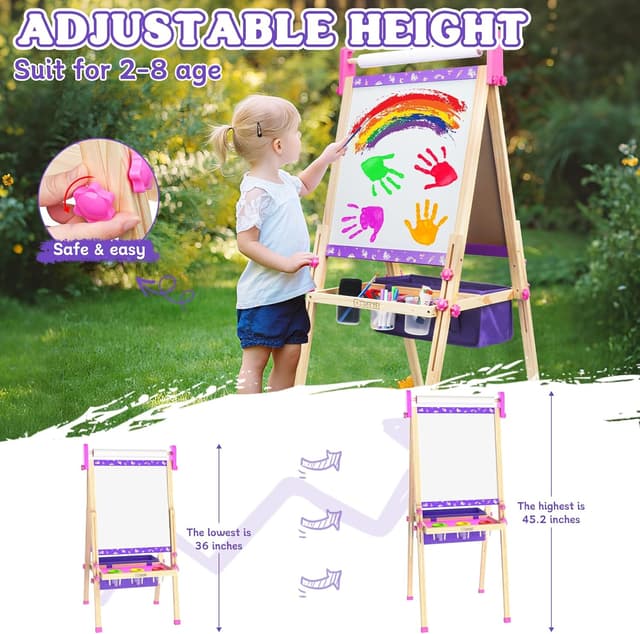 Detalle de Kids Art Easel for Ages 4–8 with Paper Roll, Markers, Paint, Chalk & Magnetic Accessories