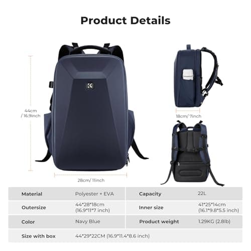 Thumbnail 6 de K&F CONCEPT Mochila para cámara impermeable y resistente a golpes con compartimento para portátil de 16" (azul marino)