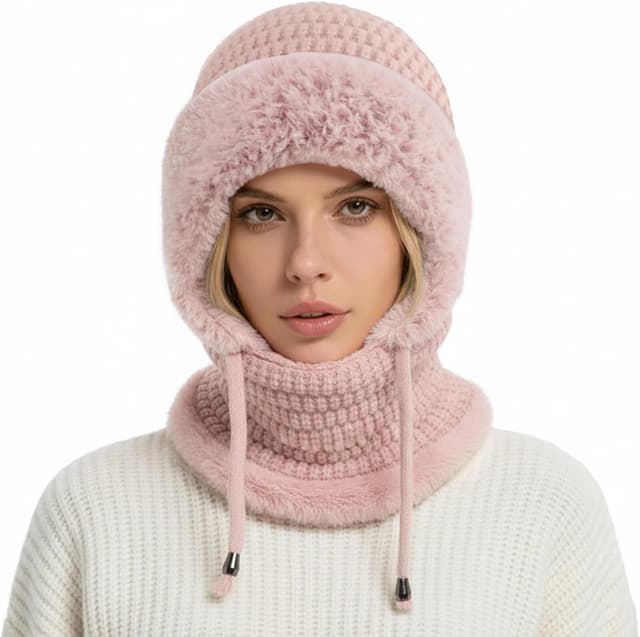 Detalle 2 de DRESHOW Women’s winter balaclava knit beanie with drawstring hood scarf (3-in-1)