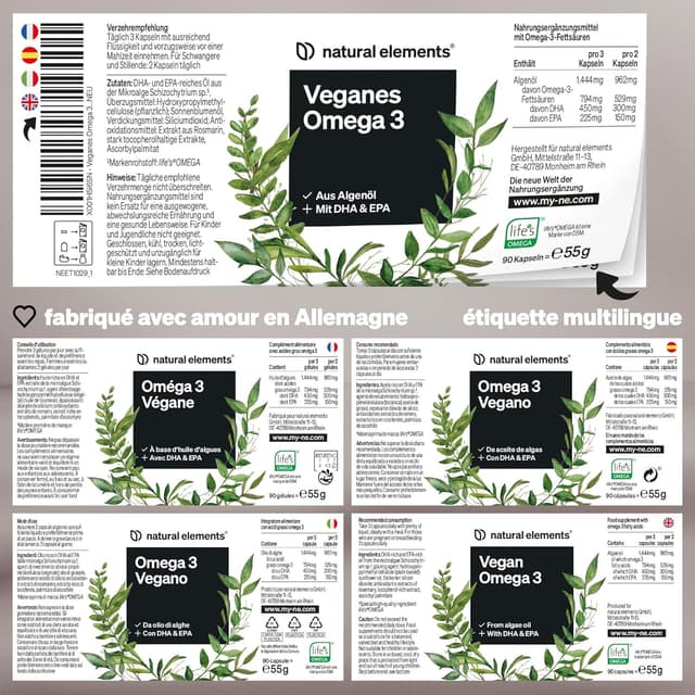 Detalle de Omega 3 Vegan 1444 mg d’huile d’algues – 90 gélules (DHA & EPA)
