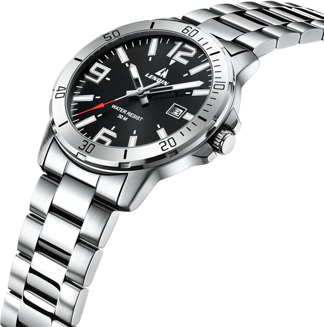 Detalle de LN LENQIN Herrenarmbanduhr aus Edelstahl mit Quarzwerk, analogem Zifferblatt und Datumsanzeige