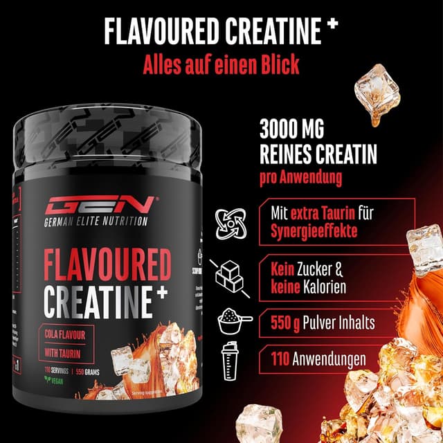 Detalle 2 de Flavoured Creatine Pulver (550 g) – Creatin Monohydrat + L-Taurin, mikronisiert, vegan (Cola)