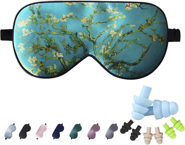 Detalle de LaCourse 19 Momme Mulberry Silk Sleep Eye Mask with Soft Ear Plugs and Travel Pouch (Green-Floral)
