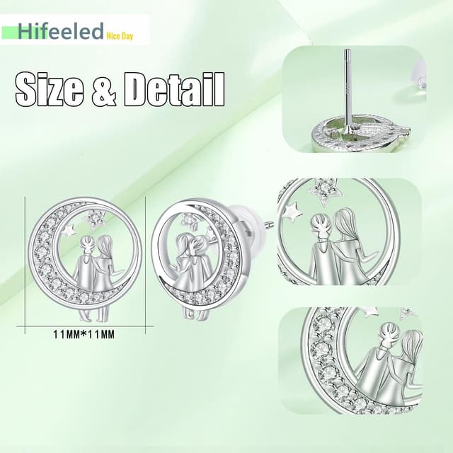 Detalle de Hifeeled Ohrstecker Damen aus 925 Sterling Silber mit Zirkonia – Mondmotiv, 11 x 11 mm